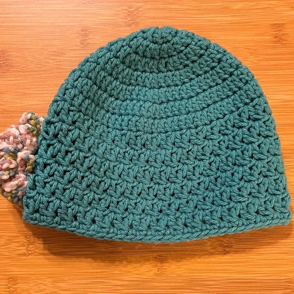 Handcrafted Teal Crochet Beanie with Multicolor Flower